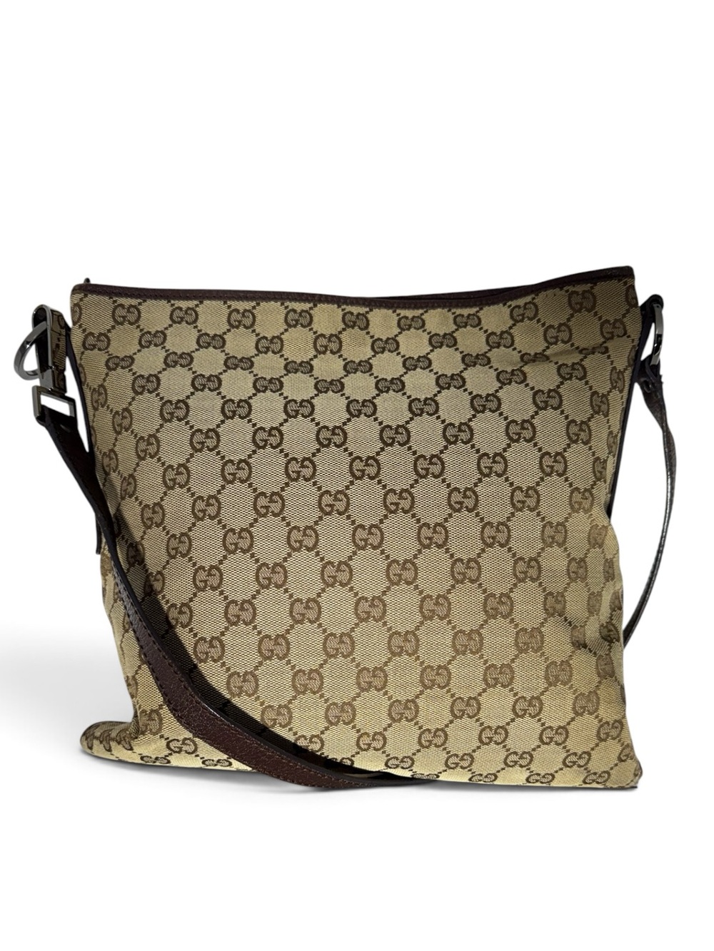 Authentic GUCCI Vintage GG Canvas Flat Crossbody Messenger Bag - Dark Brown Trim